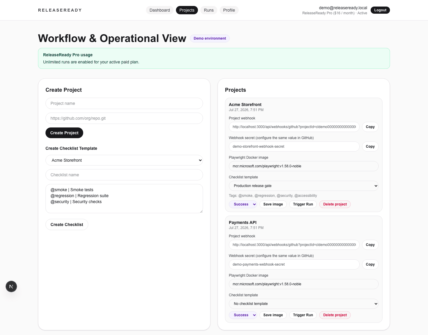 ReleaseReady projects view with repository and Playwright execution configuration